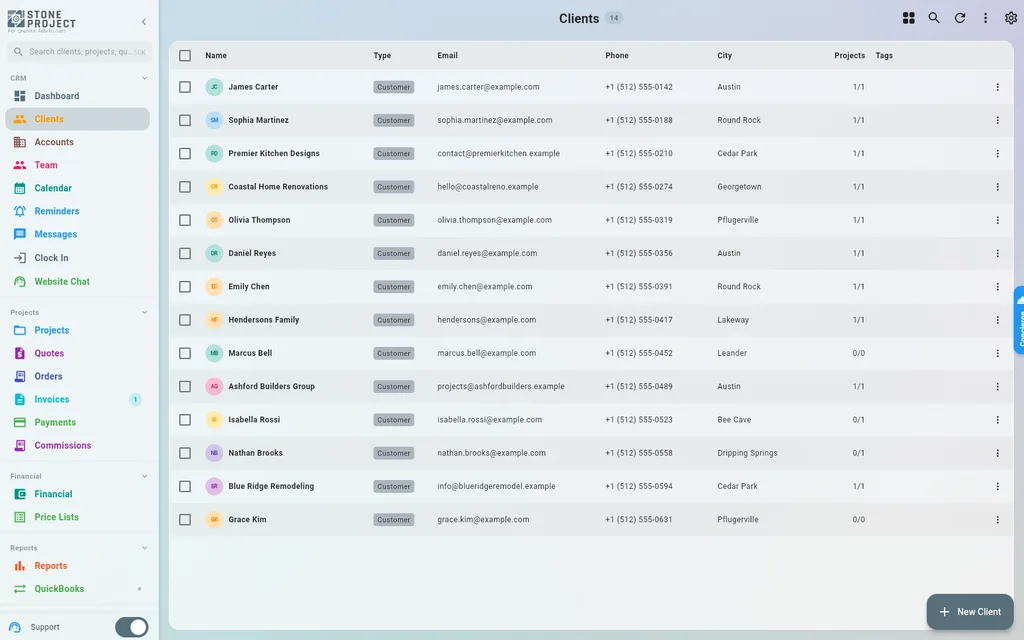 Stone Project client list where every lead and its follow-up status lives
